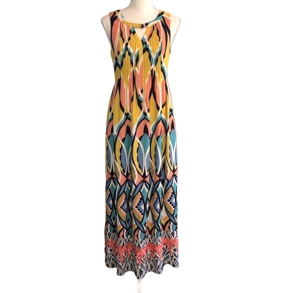 ANTHROPOLOGIE FLOREAT Maxi Dress Women's Size 0 Yellow Dahlia Embroidered Multic